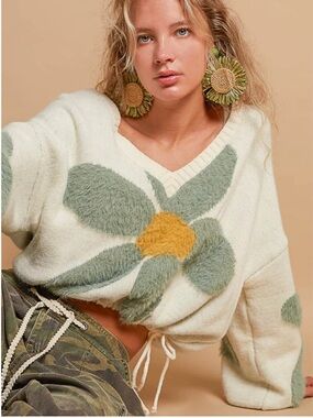 POL flower balloon sleeve sweater